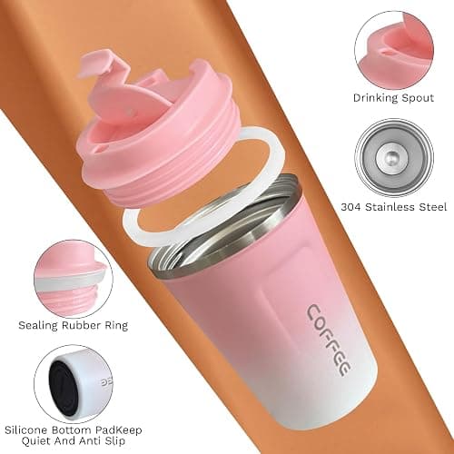 SPLMIFA Travel coffee mugs leak-proof, reusable coffee cups with lids, stainless steel vacuum thermos coffee tumblers,thermal insulation cups for men and women hot & cold drinks(2nd-Pink White, 12OZ) thumbnail 4