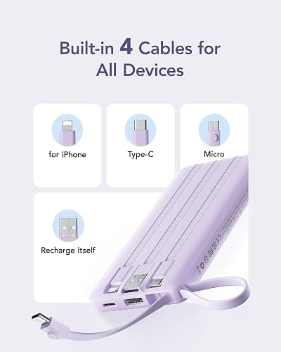VRURC Portable Charger Power Bank, 10000mAh Travel Essentials Battery Pack, 5 Outputs 2 Inputs Slim Charging Bank Built-in Cables Cords for iPhone 17 16 15 14 13,Samsung,Android-Lavender(1 Pack) thumbnail 5