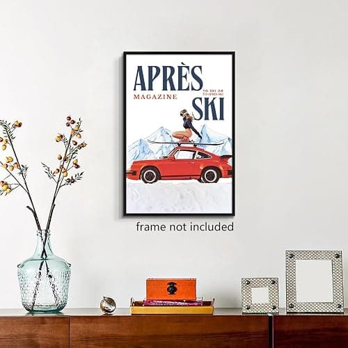 Venphude Apres Ski Canvas Wall Art, Trendy Magazine Cover Poster, Vintage Winter Snow Mountain Picture, Funky Ski Girl and Car Print, Fashion Skiing Art for Ski Lodge Party Wall Decor 8x12in Unframed thumbnail 2