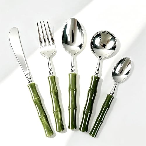 20 Piece Silverware Set Service for 4,Premium Bamboo Acrylic Handle Flatware Set Home Include Fork Knife Spoon Set Package for Christmas and Thanksgiving（Green） - Image 1