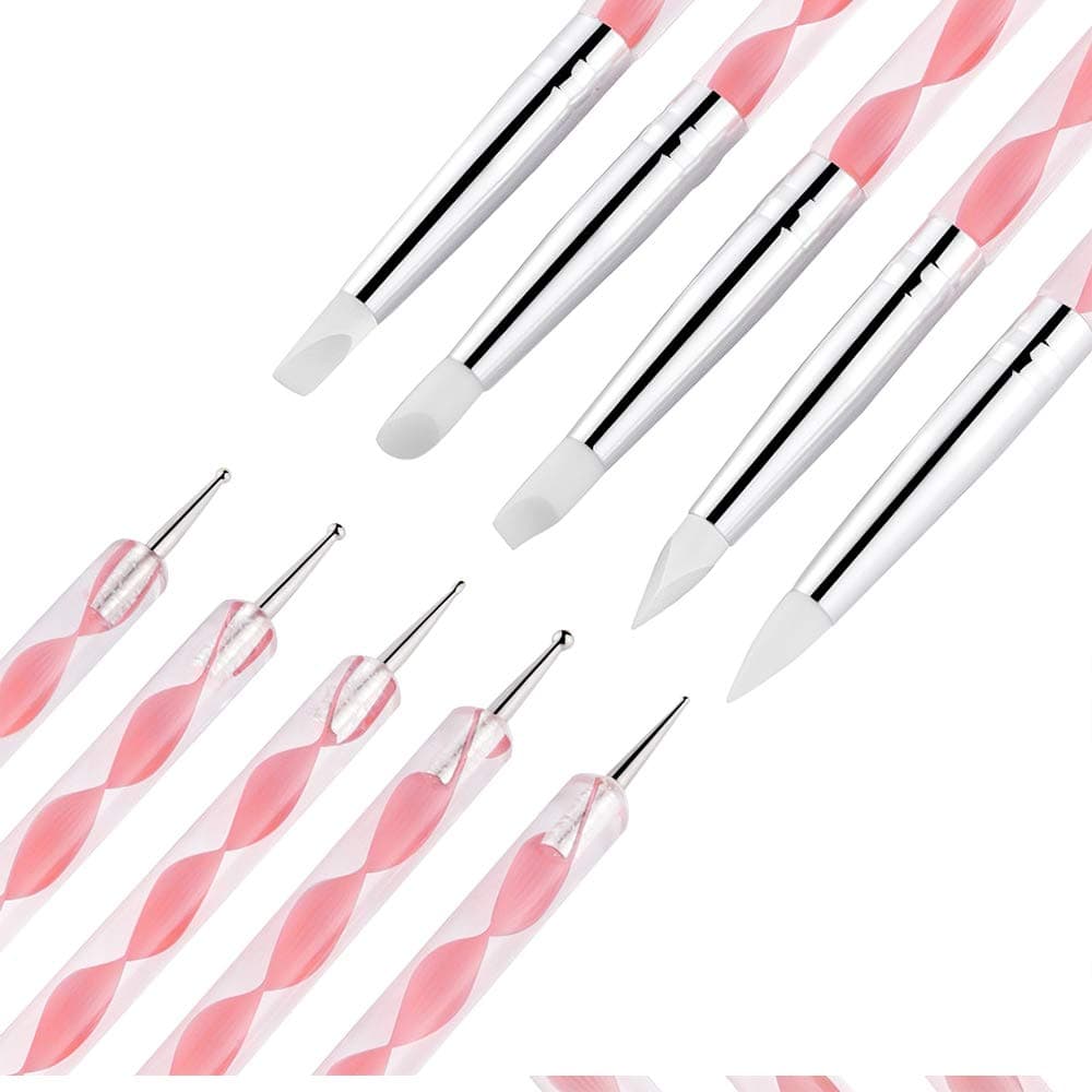 21 Pcs Nail Art Brushes Nail Art Tool Set Resin Palette Nail Art Painting Mixed Color 2 Way Acrylic Silicone Carving Pen Dotting Pen Tool Manicure Kit DIY Makeup Display Board for Home Salon, Pink thumbnail 5