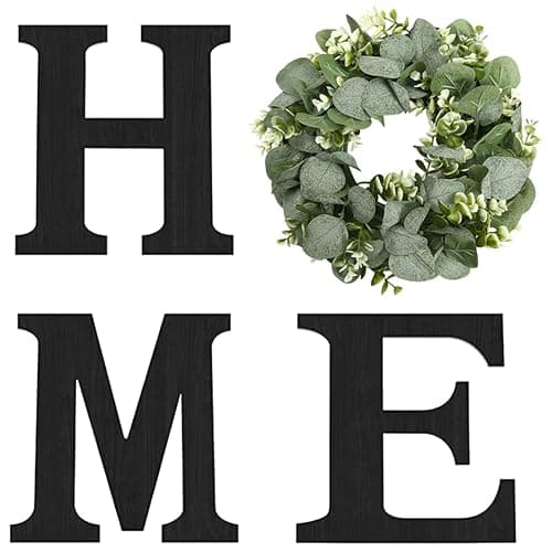 Wood Home Sign with Artificial Eucalyptus Wreath for O, Hanging Farmhouse Wall House Decor Wood Letters for Wall Art Rustic Home Decor, Wall Decor for Living Room Kitchen Entryway (Black) - Black - 9.8L" x 9.3W" - Image 1