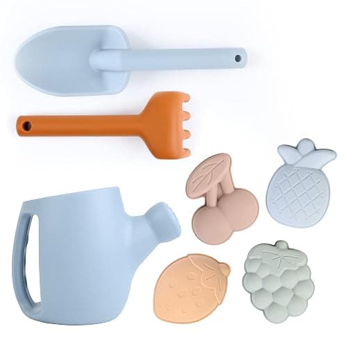 BLUE GINKGO Toddler Gardening Tools - Silicone Beach Toys, Garden Toys for Toddlers | Kids Shovel and Rake Set, Watering Can, Sand Molds | Outdoor Baby Gardening Set (Blue) - Image 1