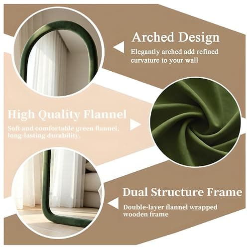 NEUWEABY Full Length Mirror 56"x20" Arch Floor Mirror with Stand Arched Full Body Mirror Standing Hanging or Leaning Against Wall for Bedroom Flannel Wrapped Wooden Frame, Green thumbnail 6