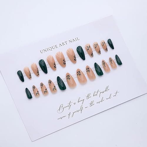 LPOODDNU Almond Press on Nails - Dark Green Medium Fake Nails with Leaf Designs, Glossy Finished Reusable False Nails with Double Adhesive Glue Tabs - 24Pcs Nail Kit for Women Manicure thumbnail 3