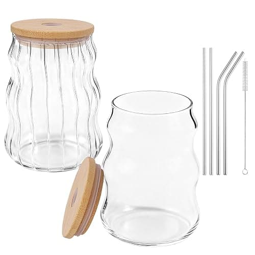 WOJVVK 2PCS 18 Oz Aesthetic Glass Cup, Cute Ribbed Glass Cups with Lids and Straws for Iced Coffee, Matcha Drinking - Image 1
