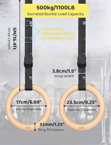 GHB Gymnastic Rings Wooden Gym Rings 1.25" Olympic Rings Adjustable Straps Pull Up Rings Sets for Workout Bodyweight Fitness Training thumbnail 2