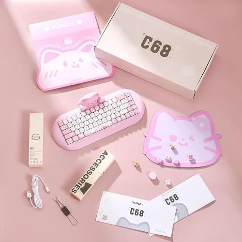 YUNZII C68 Wireless Mechanical Keyboard,65% Layout,Hot Swap,Triple Mode BT5.0/2.4G/Wired, RGB Backlit NKRO,Cute Cat Silicone Ergonomic Design for Win/Mac (Pink, Milk Switch) thumbnail 8