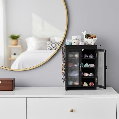 Ikee Design Wooden Countertop Storage Cabinet with Wavy Magnetic Door, Adjustable Shelves, Removable Hooks. Perfect for Perfume, Figurines, and Coffee Cups, Black Color, 10.4 W x 6.1 D x 14.4 H in thumbnail 9