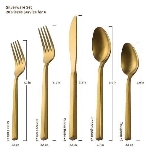 Alata Cube Gold 20-Piece Flatware Set, Forged Cutlery Set, Matte Gold Silverware Service for 4, Stainless Steel Tableware with Square Handle for Home/Restaurant, Dishwasher Safe thumbnail 2