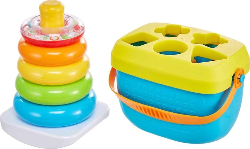 Fisher-Price Baby’s First Blocks & Rock-a-Stack Toy Set, Bucket of 10 Shapes & Ring Stacking Activity for Developmental Play Ages 6+ Months (Amazon Exclusive) - Image 1