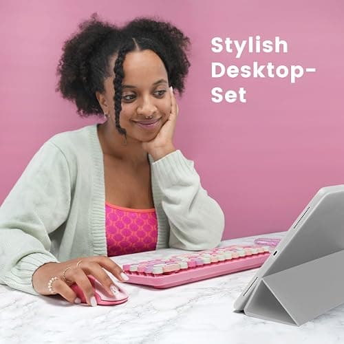 Perixx PERIDUO-802PK Bluetooth Mini Keyboard and Mouse Combo - Retro Round Key Caps - Pastel Pink - US English thumbnail 2