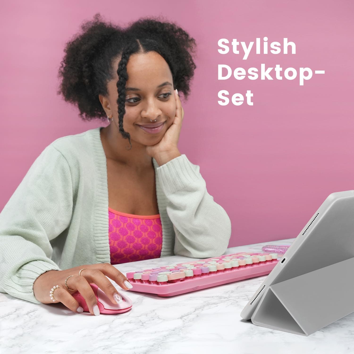 Perixx PERIDUO-802PK Bluetooth Mini Keyboard and Mouse Combo - Retro Round Key Caps - Pastel Pink - US English thumbnail 2
