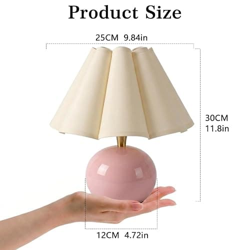 Komothala Small Bedside Table Lamp, Ceramic Stepless Dimmable Lamp with Scalloped Fabric Shade,Decorative Accent Light for Nightstand, Living Room, Console or Kids Dorm,Pink (E26 LED Bulb Included) thumbnail 4