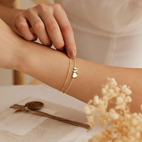 M MOOHAM Heart Initial Bracelets for Women Teen Girls, Letter A-Z Bracelet | 14K Gold Plated, Dainty Layered Heart Initial Bracelet, Personalized Birthday Gifts for Women Back to School Gifts for Girls thumbnail 4