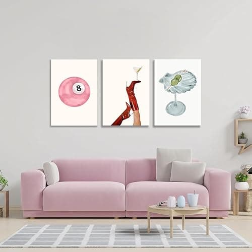 Framed Funky Martini Posters Wall Art Set of 3, Vintage Preppy Aesthetic Canvas Prints, Trendy Pink Number 8 Y2K Girl Room Wall Decor Paintings for Dorm Living Room Dining Room Kitchen 12x16 Inch thumbnail 8