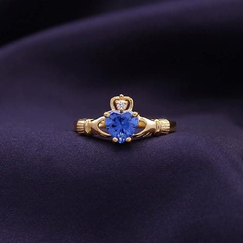 Claddagh Heart Ring, Center 6MM Simulated Birthstone with White Cubic Zirconia, Gemstone Rings for Women in 14K Gold Plated 925 Sterling Silver Jewelry Gift for Her thumbnail 5