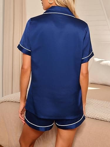 small LILLUSORY Silk Satin Pajama Set for Women 2 Piece Lounge Pjs Winter Matching Summer Sleepwear Button Down Shirt Shorts thumbnail 4