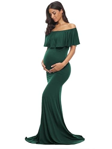 Glampunch Womens Off Shoulder Maternity Dress Ruffles Elegant Slim Gowns Fit Maxi Photography Dress - Image 1