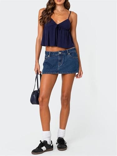 Women Y2k Flowy Ruffle Hem Cami Tank Top Casual Solid Color Deep V Neck Sleeveless Peplum Camisole Summer Beachwear thumbnail 5