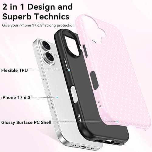 Telaso Case for iPhone 17, Polka Dot Pattern Fashion Cute Aesthetic Design, Soft TPU and Hard PC Back Slim iPhone 17 Phone Case Shockproof Protective for Women Girls, Pink thumbnail 3
