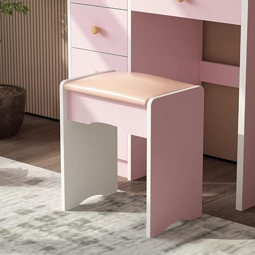 AIEGLE Lighted Makeup Vanity Set - 3 Color LED Mirror, Drawers & Cushioned Stool, Pink Round Mirror - Pink - Round Mirror thumbnail 6