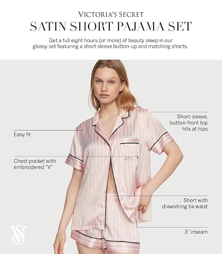 Victoria's Secret Satin Pajama Set, Short Sleeve Button Down Shirt & Shorts, Sleepwear for Women (XS-XXL) - X-Large - Pink Iconic Stripe thumbnail 4