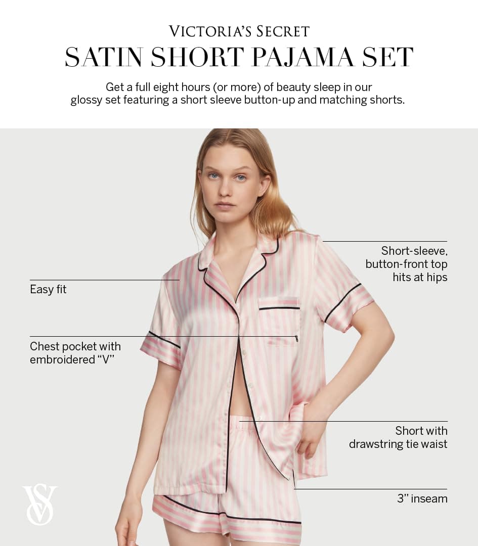 Victoria's Secret Conjunto de pijama de cetim, camisa e shorts de botão de manga curta, roupa de dormir feminina (PP-2GG) thumbnail 4