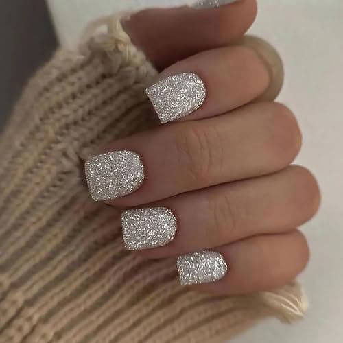 Glitter Press on Nails Square Short Fake Nail Full Cover Sparkly False Nails Acrylic Stick on Nails Reusable Shine Artificial Glue on Nail for Women 24Pcs - Image 1
