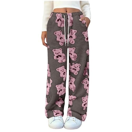 Womens Fuzzy Plush Pajama Pants Cute Bear Graphic Teddy Pj Bottoms Warm Fluffy Fleece Lounge Sleepwear with Pockets - Image 1