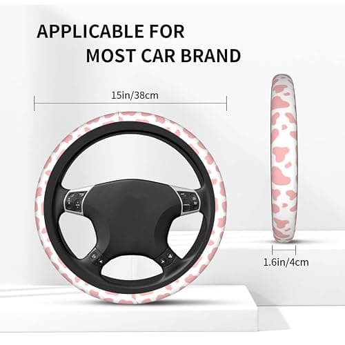 Pink Cow Print Steering Wheel Cover for Women Men with 2 Pcs Car Coasters, Universal 14.5-15 Inch Rainbow Steering Wheel Covers Non-Slip Car Accessories for Girls thumbnail 4