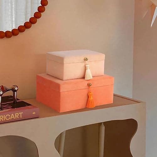 HofferRuffer Velvet Jewelry Boxes Decorative Boxes, Storage Accessory Organizer Boxes with Elegant Handle Decor, Classic Velvet Set of 2 Pieces (Orange) thumbnail 5