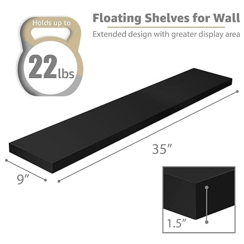 Sorbus Floating Shelves for Wall - 35 Inch Long Bathroom Shelves, Wall Decor for Bedroom, Kitchen, Living Room & Book Storage - Mounted Floating Shelf with Invisible Brackets (Black, 2 Pack) thumbnail 3