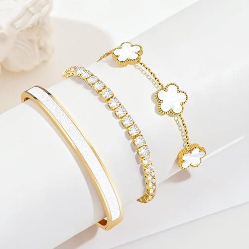 MOINSPIRE Gold Bracelets for Women, 18K Gold Plated Tennis Nail Clover love Bangle Bracelets Set Non Tarnish, Stainless Steel Trendy Stackable Bracelet Fashion Jewelry Accessories Gifts for Christmas thumbnail 8