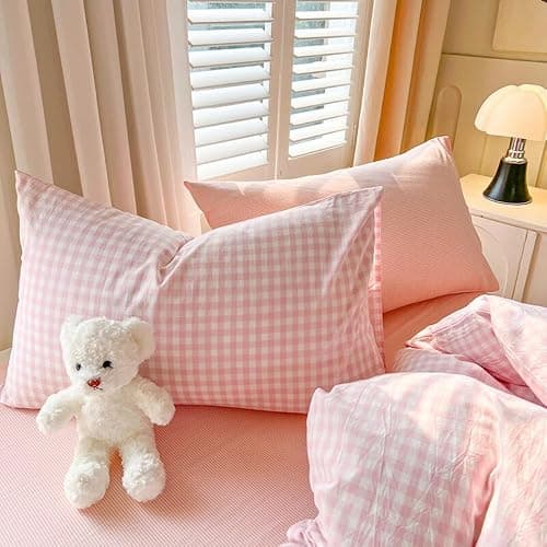 Michorinee Double Duvet Cover Set Pink White Plaid Pattern Country Style Bedding Set with Zipper Closure Aesthetic Cute Gingham Grid Washed Microfibre Girls Quilt Cover with 2 Pillowcases 50x75 cm thumbnail 6
