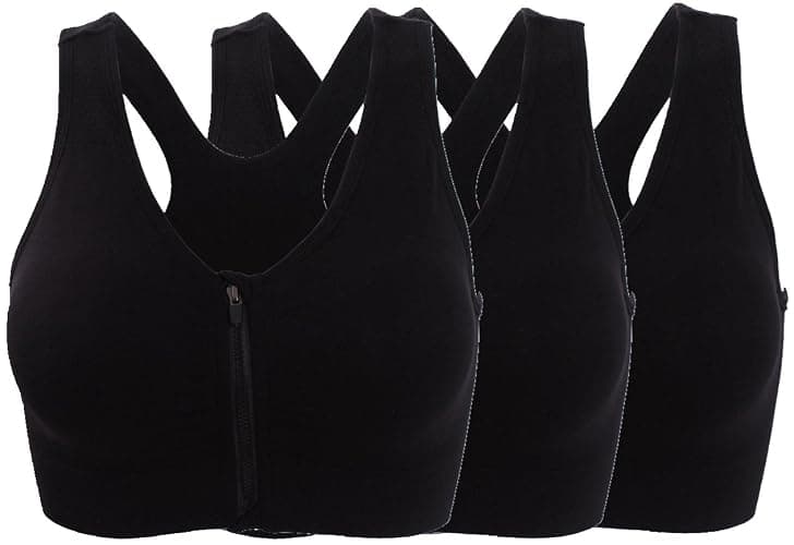 ohlyah Women's Zipper Front Closure Sports Bra Racerback Yoga Bras - Large - 3 Pack Black - Image 1