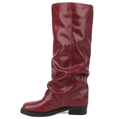 ClassicSter Fold Over Knee High Boots Slouch Boots for Women Chunky Goth Platform Boots,2 inch Heel Wide Calf Long Boots Square Toe Riding Boots thumbnail 7