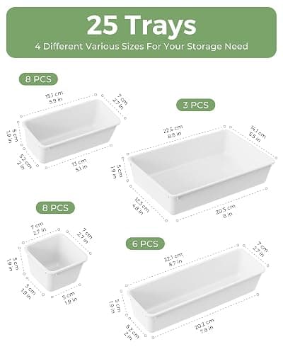 BiuLeon 25 PCS Plastic Drawer Organizers Set, 4-Sizes Vanity and Makeup Organizer, Desk and bathroom Drawer Organizer Trays, Organizers and Storage for Makeup, Jewelry, Gadgets, Utensils (White) thumbnail 3