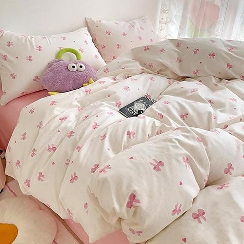 Nayoroom Bettwäsche 135x200 Mädchen Weiß mit Rosa Schleifen Kinder Bettbezug 2teilig Aesthetic Kawaii Schleifenmuster Microfaser Einzelbett Deckenbezug mit Reißverschluss und Kissenbezug 80x80cm thumbnail 7