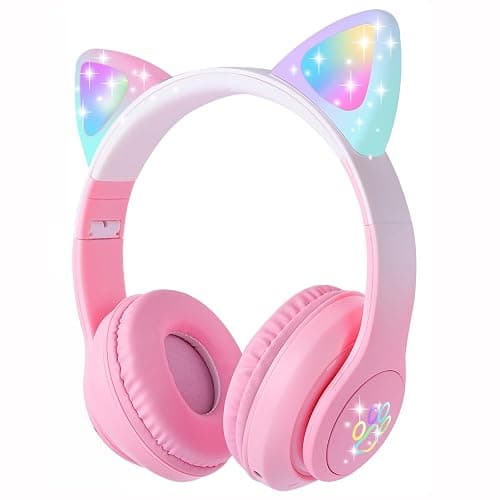 HOYJACY Cat Ear Kids Bluetooth Headphones for Girls Children Teens, LED Light Up Wireless/Wired Mode Foldable Stereo Girls Headphones with Built-in Mic for School Birthday Xmas Gift (Pink) - Image 1
