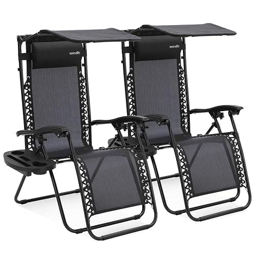 Zero Gravity Lounge Chair, Adjustable Steel Mesh Recliners, with Canopy, Removable Pillows and Cup Holder Side Tables, Set of 2, Black - Image 1