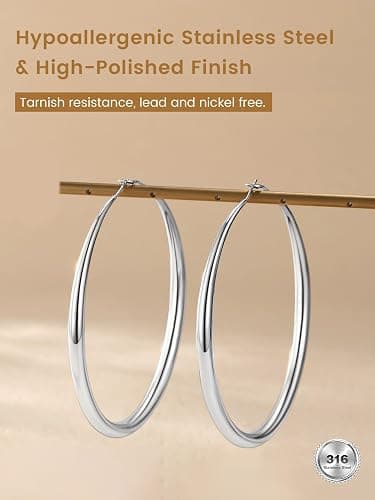 KeyStyle Chunky Hoop Earrings for Women, Large Silver Stainless Steel Hoops Earring Lightweight Loops, 14K Gold Thick Hypoallergenic Circle Ear Comfort Hoop Jewelry(40/60/80mm) thumbnail 4