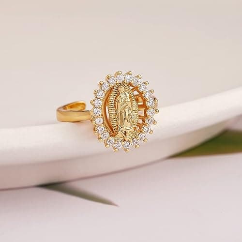 Ornaland 18K Gold Plated Clear Cubic Zirconia Open Cuff Ring Adjustable Oval with Virgin Mary Religion Open Finger Ring Jewelry Gifts for Women thumbnail 4
