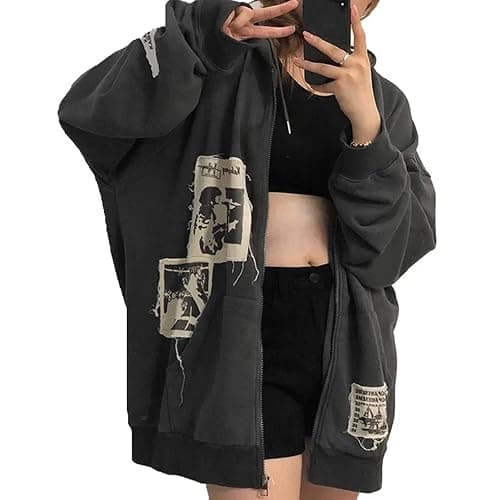 Alt Emo Clothes Women Oversized Zip Up Hoodies Rhinestone Y2k Aesthetic Skeleton Sweatshirts Grunge Gothic Jacket Streetwear - Image 1