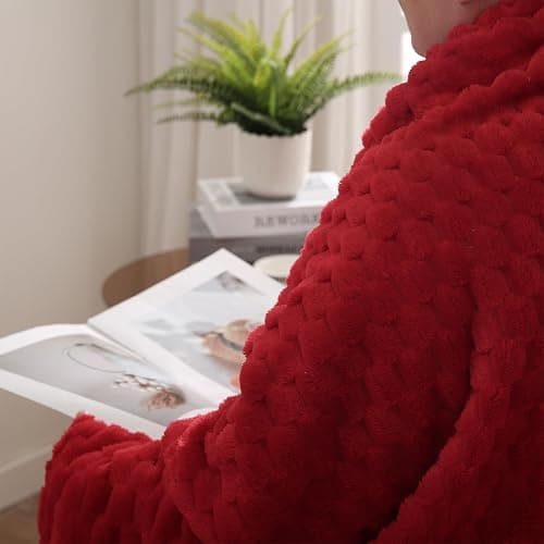 Red Throw Blanket 50"×60" inches Fuzzy 3D Jacquard Decorative Flannel Fleece Super Soft Plush Cozy Blanket for Couch Sofa Chair Lightweight - 50"×60” - Red thumbnail 7