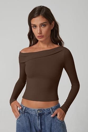 QINSEN Women Long Sleeve Off Shoulder Tops Trendy Double Lined Going Out Shirt for Fall thumbnail 4