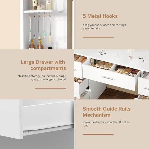 FIONESO Large Vanity Desk with LED Lighted Mirror & Power Outlet, Makeup Vanity Table with 7 Drawers,4 Shelves and 5 Hooks, White Vanity for Bedroom, Bathroom thumbnail 7