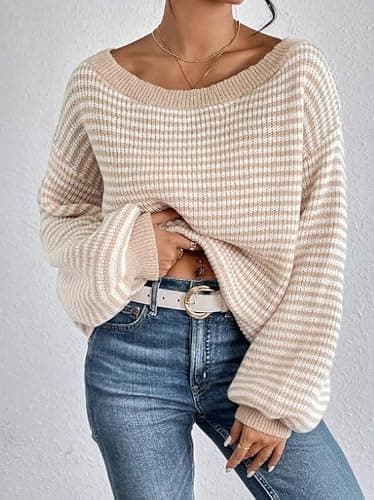 Women's Oversized Striped Sweater Casual Off The Shoulder Sweater Fall Long Sleeve Loose Knit Pullover Jumper Tops thumbnail 2