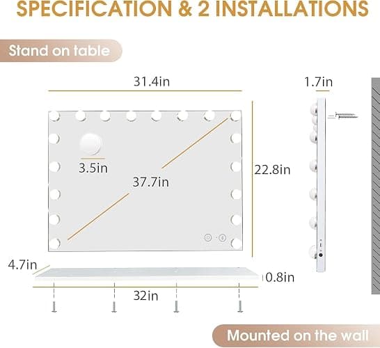 Hansong Vanity Mirror with Lights and Bluetooth Speaker 32"x 22.8" Hollywood Makeup Mirror with 18 LED Bulbs, Large Lighted Mirror with 3 Color Modes, USB Charging, 10x Magnification, Tempered Glass thumbnail 2