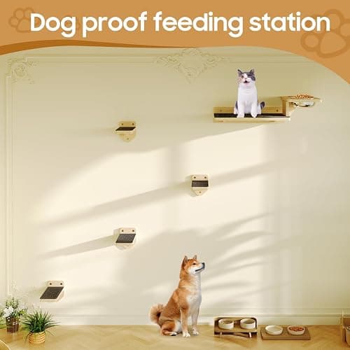 MeowHomm Cat Wall Shelves, Wood Cat Feeding Shelf with 4 Non-Slip Steps, 2 Food Bowls, Wall-Mounted Furniture for Kittens thumbnail 3